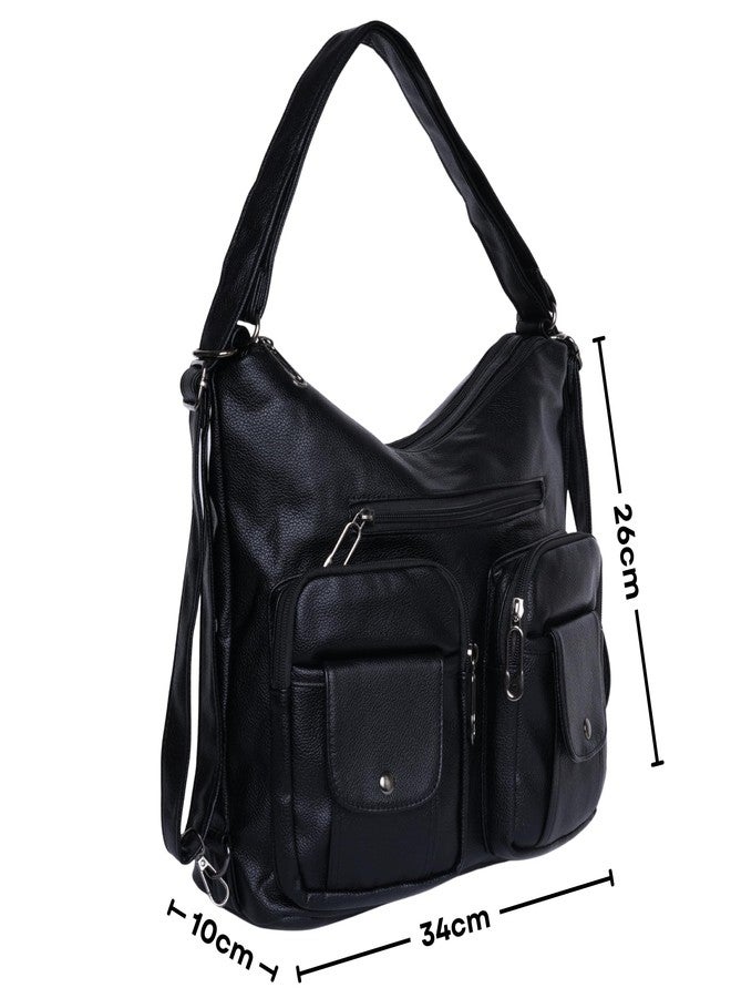 SANTORINI Women’s Handbag 2-in-1 Convertible Shoulder bag & Backpack | Multi-Pocket Bag with Adjustable Strap for Office, college and Daily Use. (Black) - Image 2